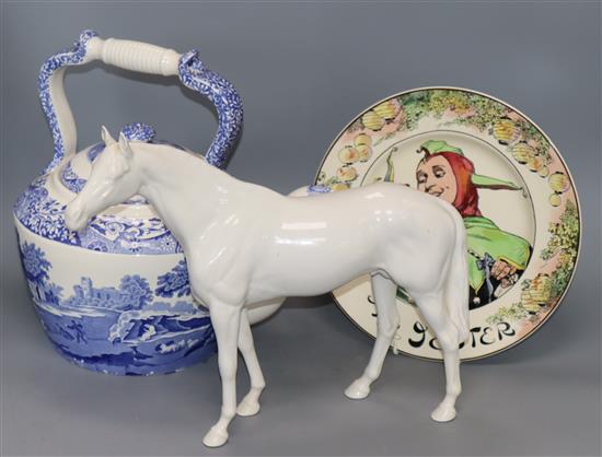 A Barge blue and white teapot, a Doulton The Jester plate and a Beswick white horse horse 28cm